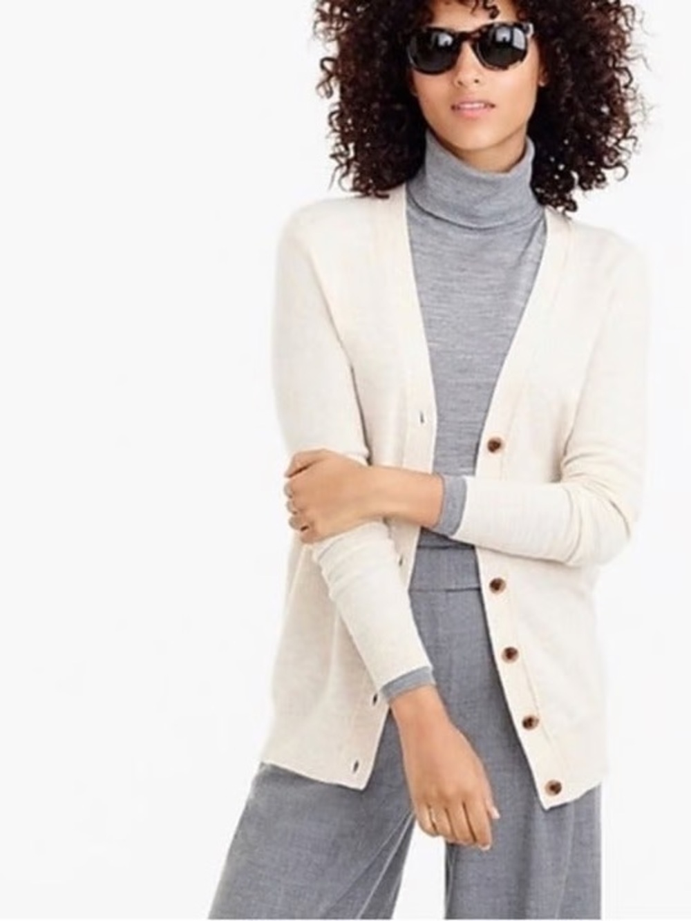 J. Crew V Neck Boyfriend Cashmere Wool Blend Cardigan Cream